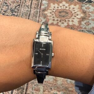 Bulova Silver and Black Rectangular Watch